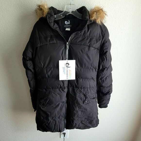 Puffer Coat Parka Hooded Jacket Womens XS Black Windproof CHERFLY - Picture 7 of 16